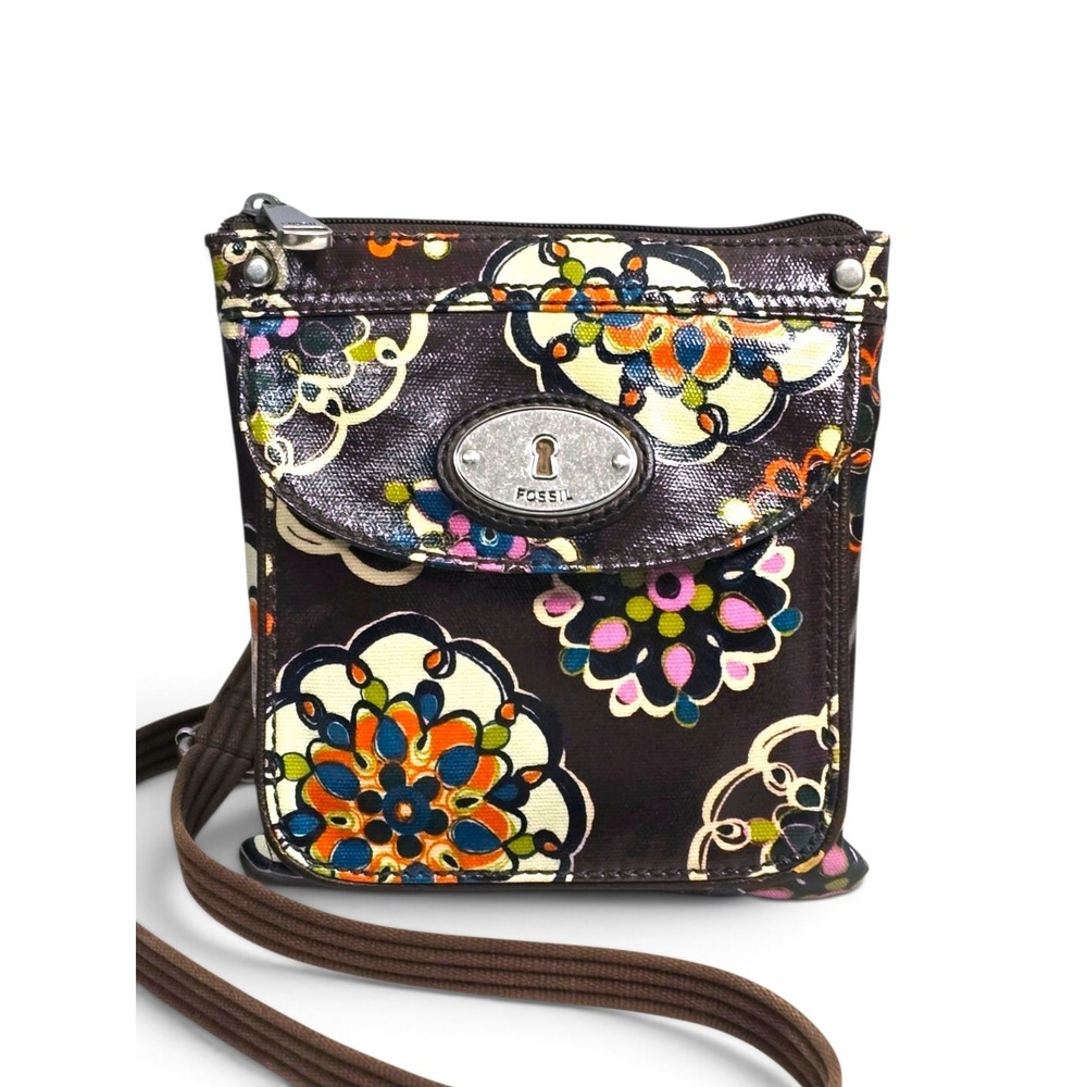Fossil Key-Per Small Floral Coated Canvas Crossbody Bag Brown Multi Color